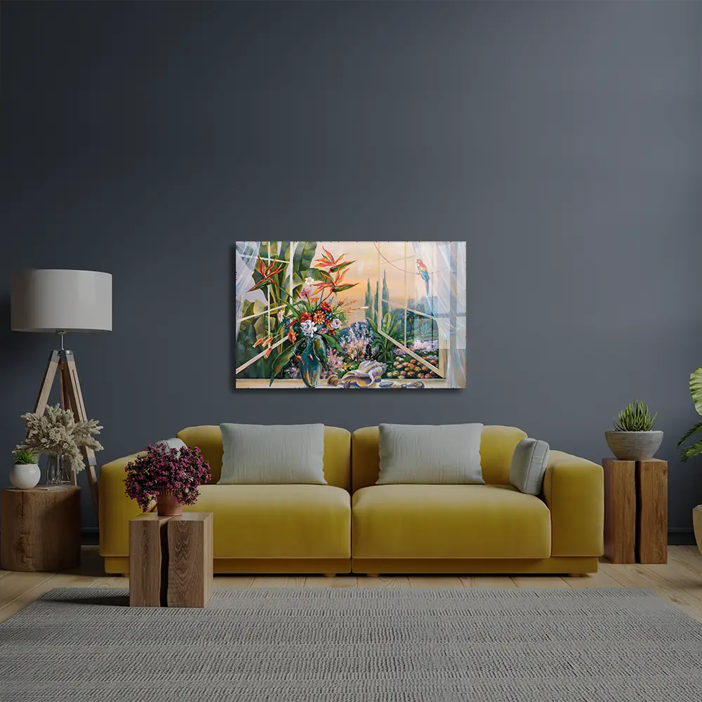 Oil Painting Garden View Bedroom Glass Wall Art