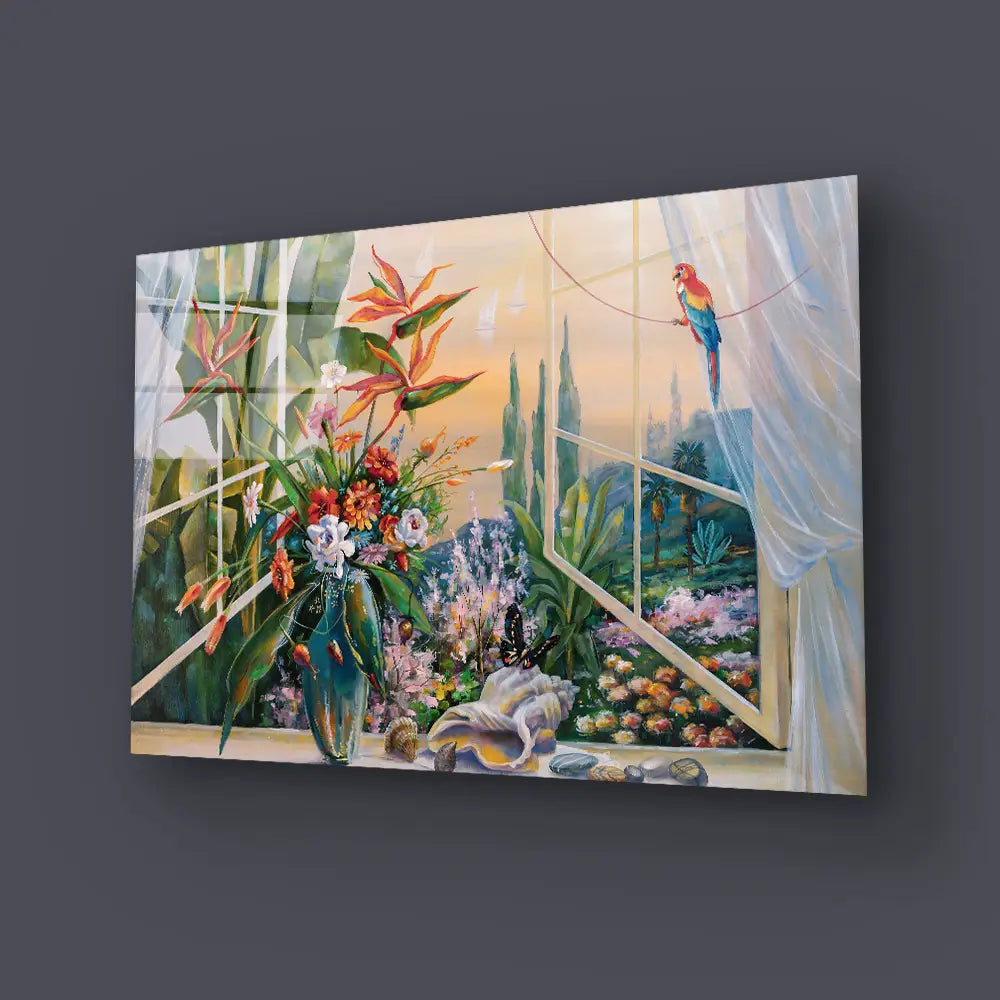 Oil Painting Garden View Bedroom Glass Wall Art