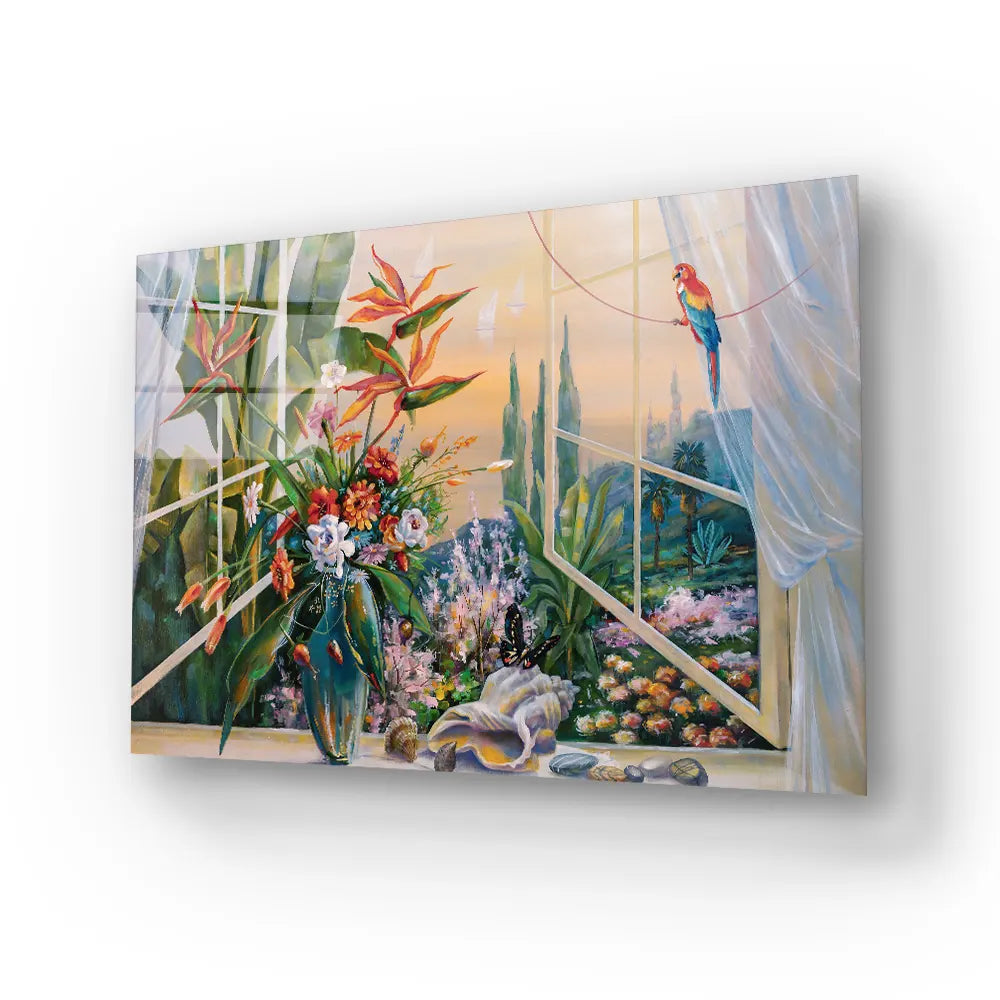Oil Painting Garden View Bedroom Glass Wall Art