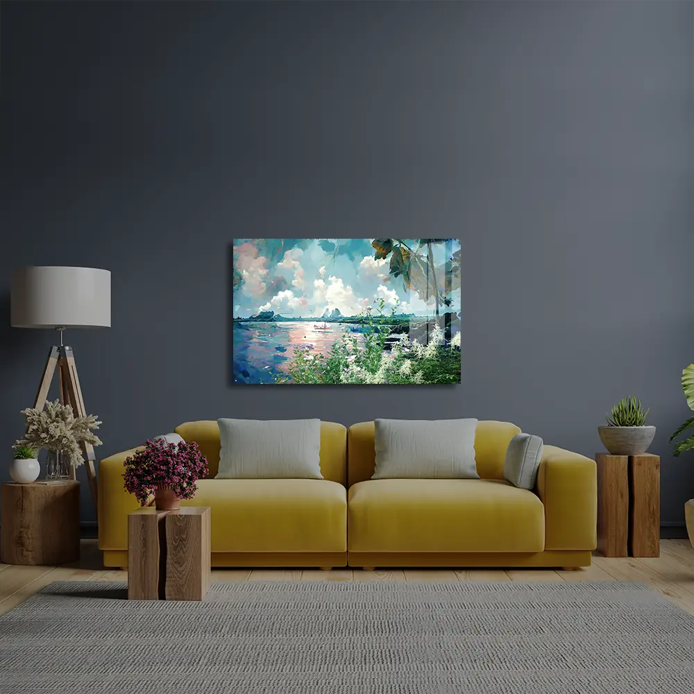 Oil Painting Landscape Lake View Forest Glass Wall Art