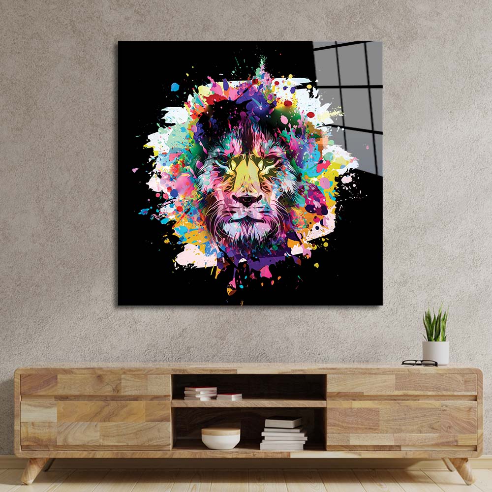 Paint Splash Lion Glass Wall Art