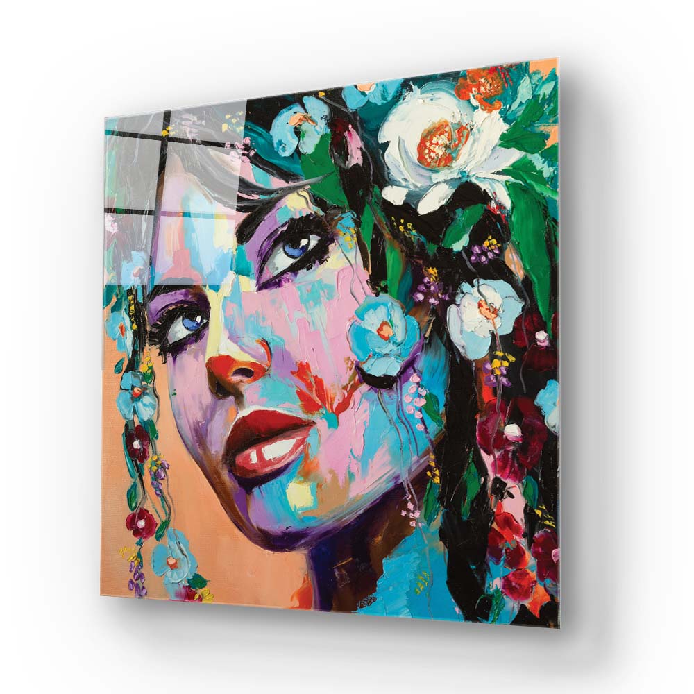 Painted Woman in Flowers Glass Wall Art