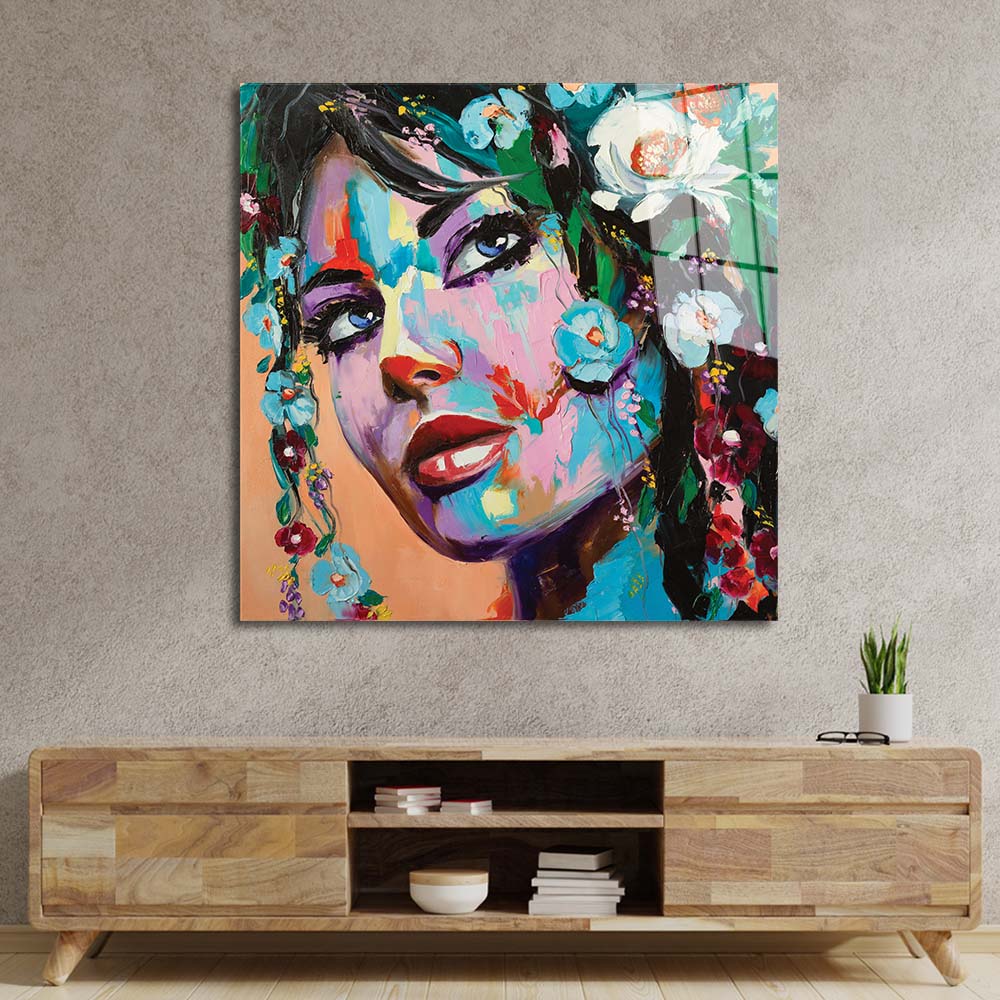 Painted Woman in Flowers Glass Wall Art