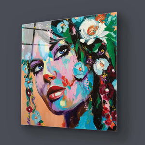 Painted Woman in Flowers Glass Wall Art