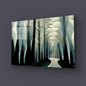 Pathway Stylized White Forest Birch Trees Art Deco Glass Wall Art