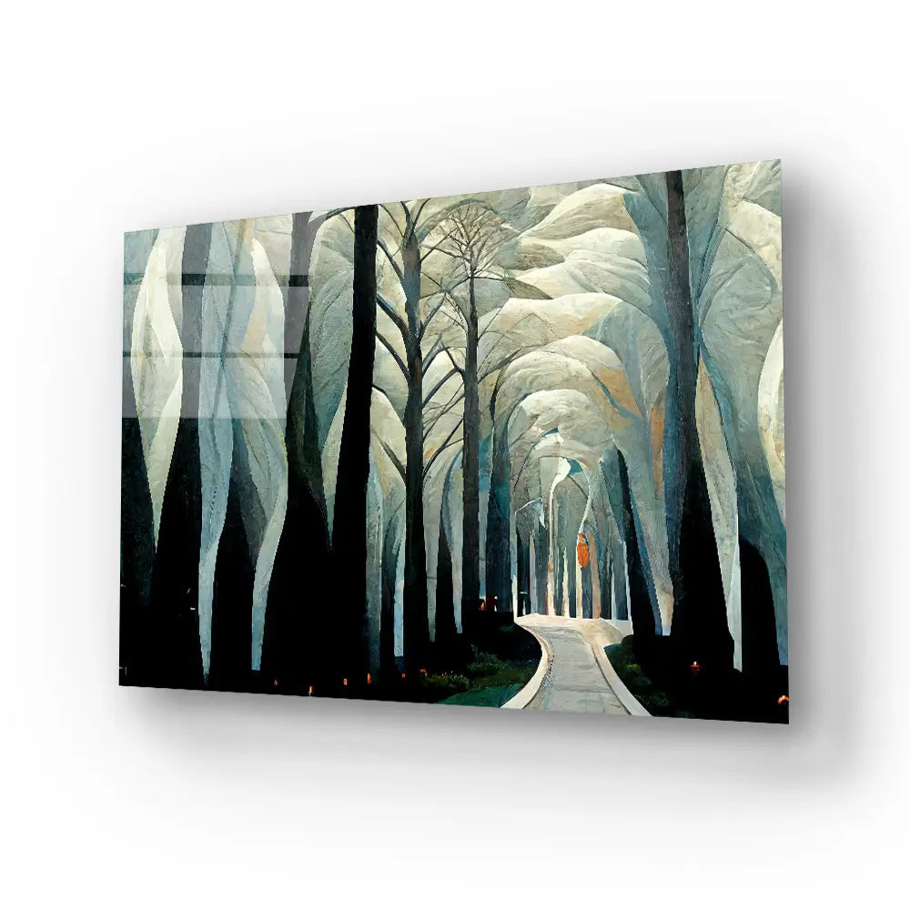 Pathway Stylized White Forest Birch Trees Art Deco Glass Wall Art