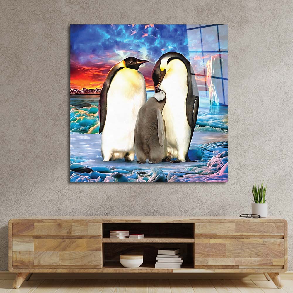 Penguin Family Glass Wall Art