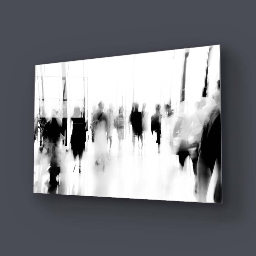 People Walking in Lobby Motion Blurred Glass Wall Art