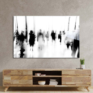 People Walking in Lobby Motion Blurred Glass Wall Art