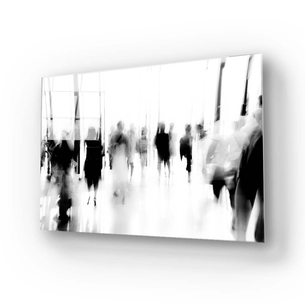 People Walking in Lobby Motion Blurred Glass Wall Art