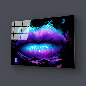 Purple Blue Lips in Black Background Glass Wall Art