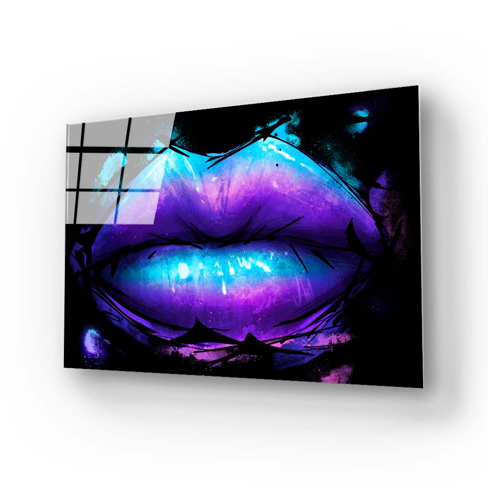 Purple Blue Lips in Black Background Glass Wall Art