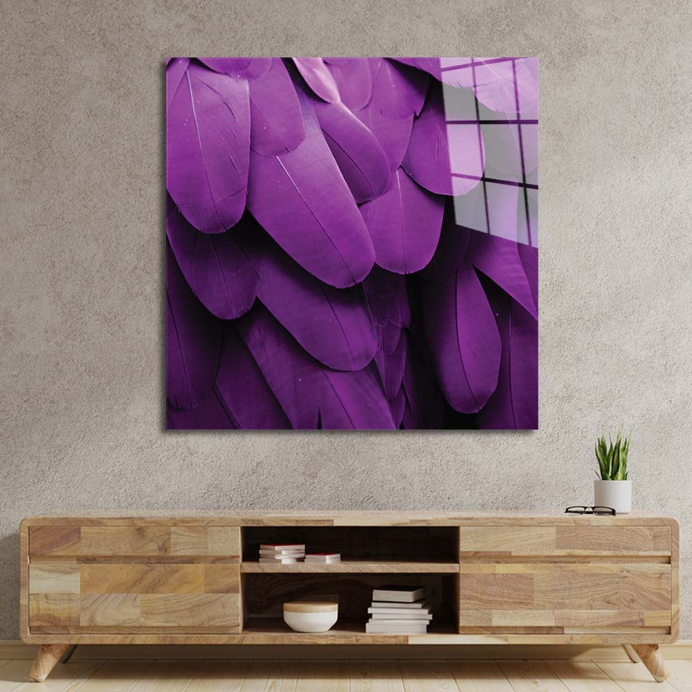 Purple Macaw Feathers Macro Photograph Glass Wall Art