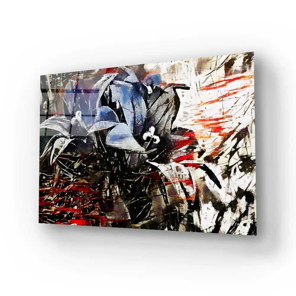 Red Black Abstract Flowers Bouquets Pollock Glass Wall Art