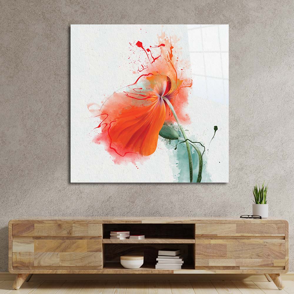 Red Flower Painting Glass Wall Art