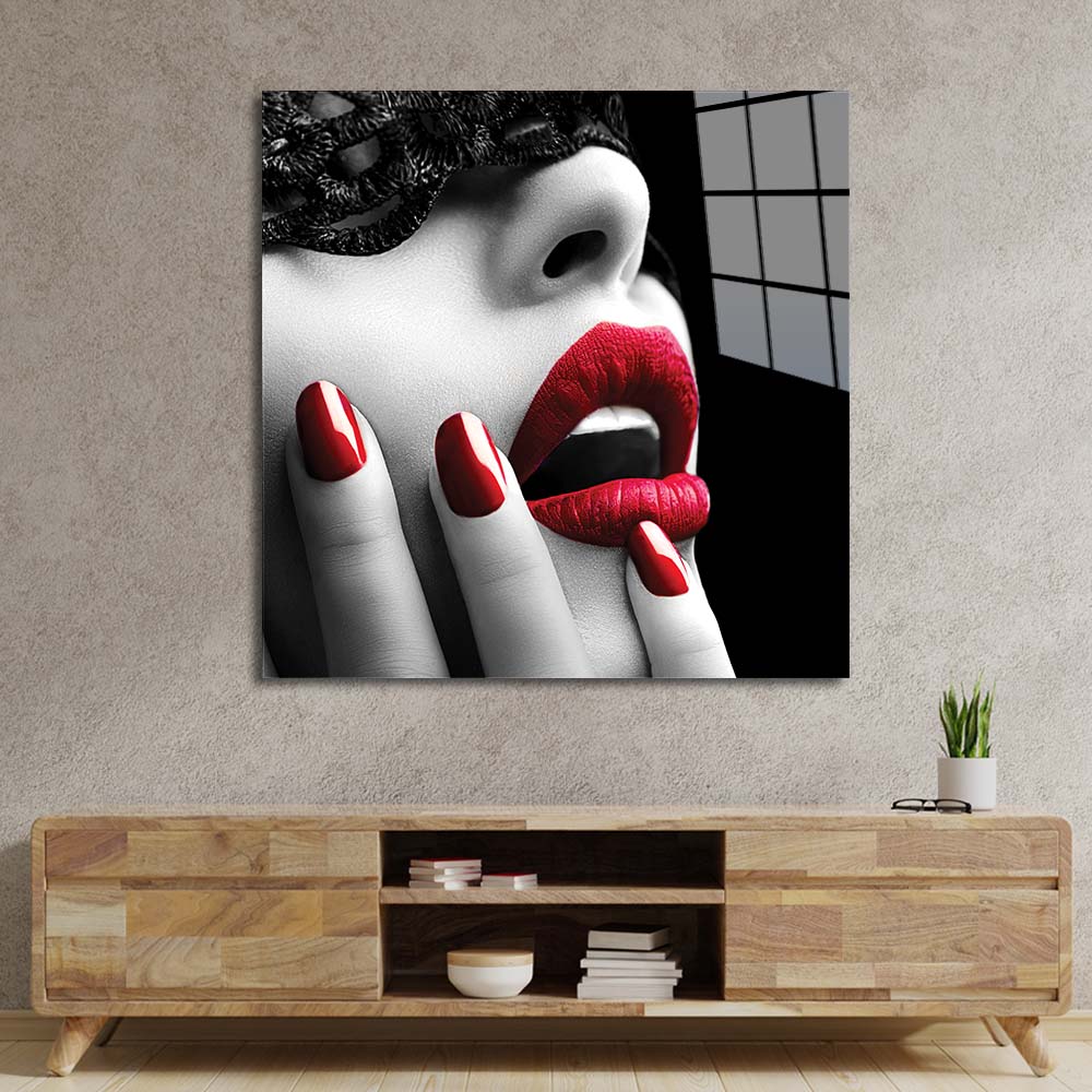 Red Lip and Nails Glass Wall Art