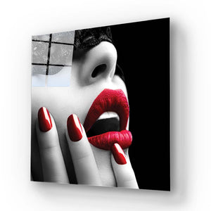 Red Lip and Nails Glass Wall Art