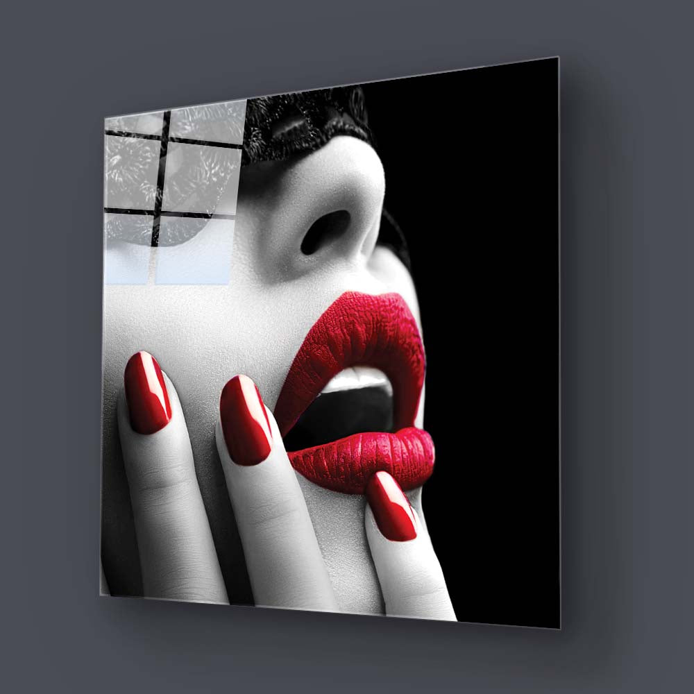 Red Lip and Nails Glass Wall Art