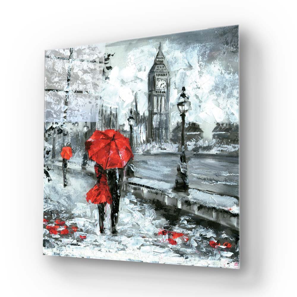 Red Umbrellas in London Glass Wall Art