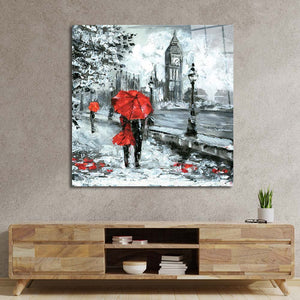 Red Umbrellas in London Glass Wall Art