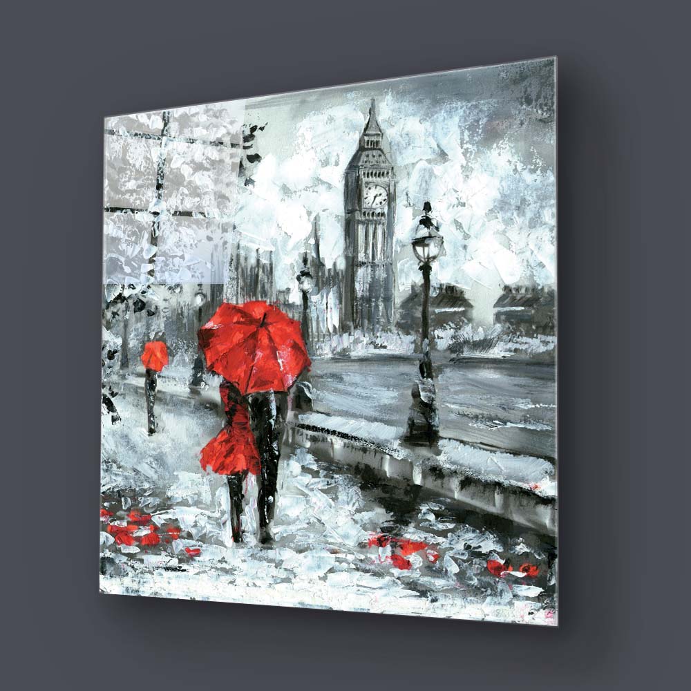 Red Umbrellas in London Glass Wall Art
