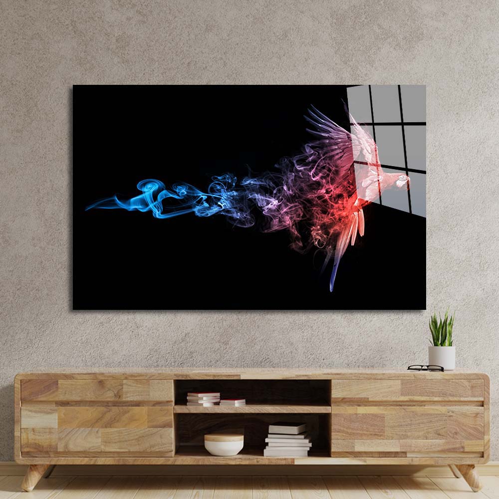 Red and Blue Parrot with Smoke Effect Glass Wall Art