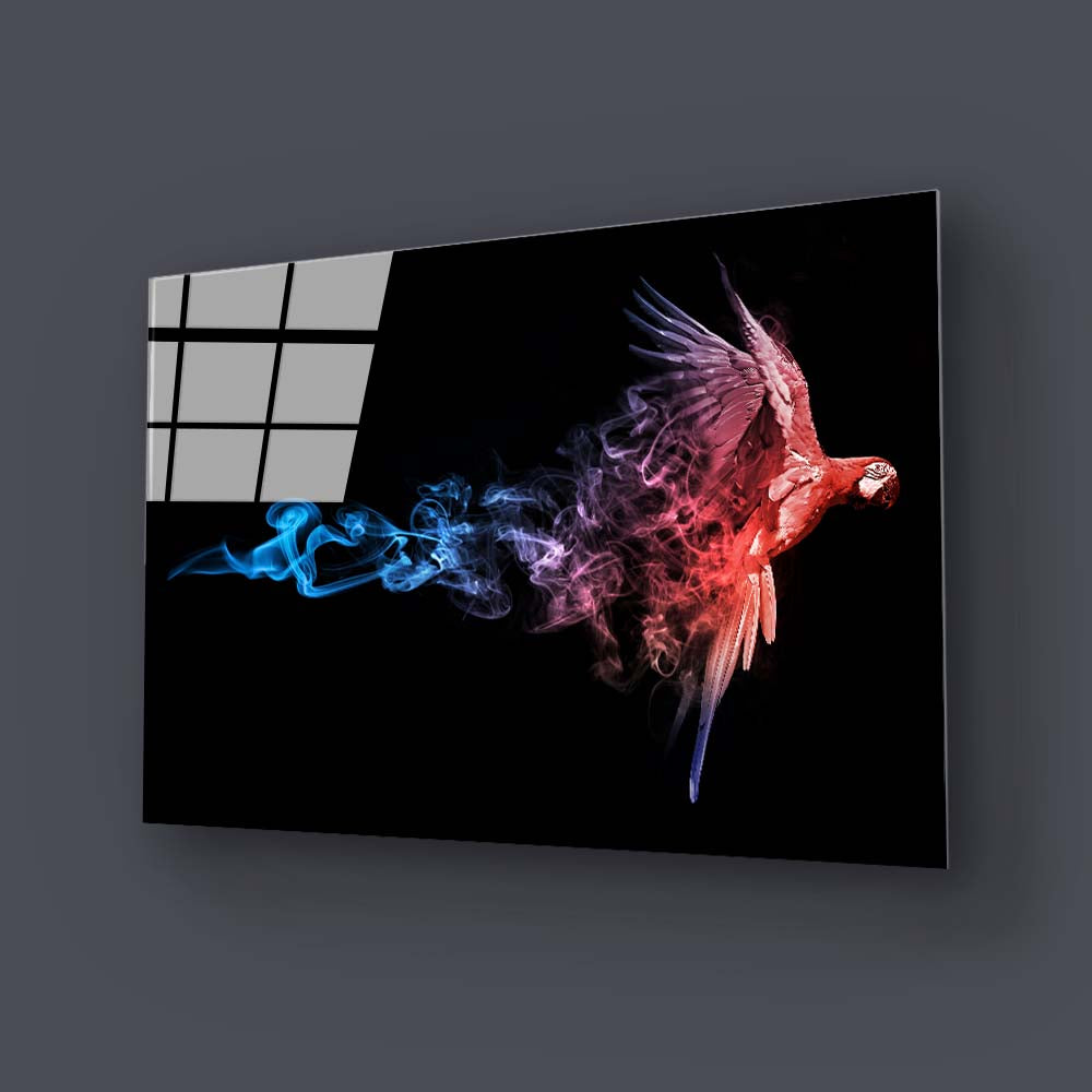 Red and Blue Parrot with Smoke Effect Glass Wall Art