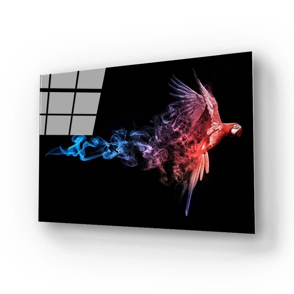 Red and Blue Parrot with Smoke Effect Glass Wall Art