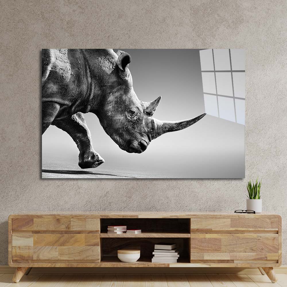 Rhino Black & White Photo Glass Wall Art