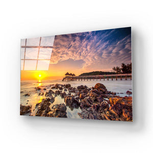 Rocky Beach During Sunset Glass Wall Art