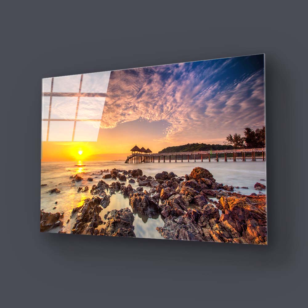 Rocky Beach During Sunset Glass Wall Art