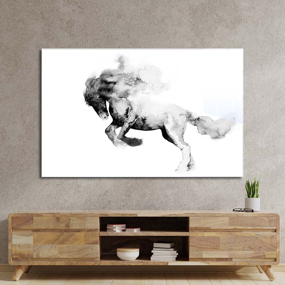 Running Horse in Black Ink Glass Wall Art