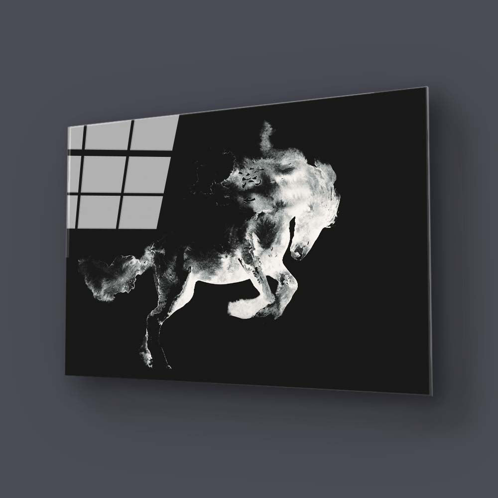 Running Horse in White Ink Glass Wall Art