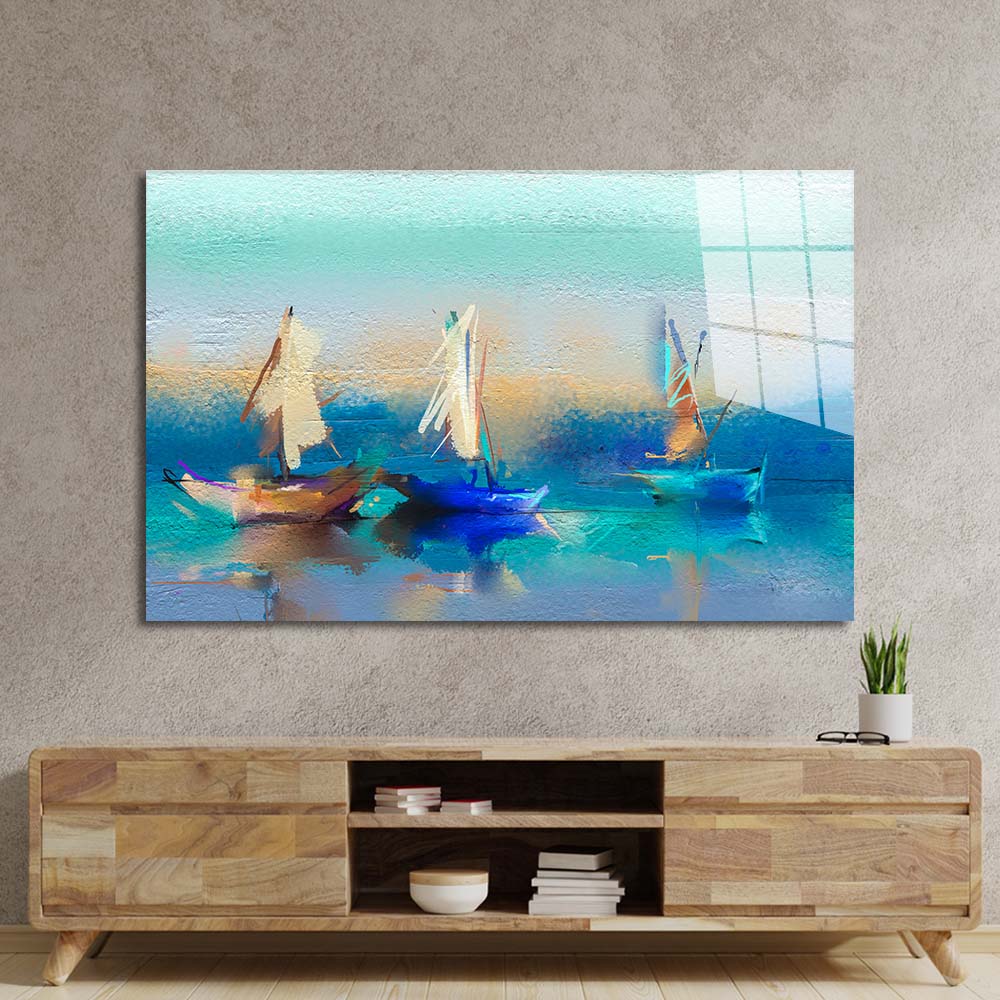 Sailing Boats Textured Painting Glass Wall Art
