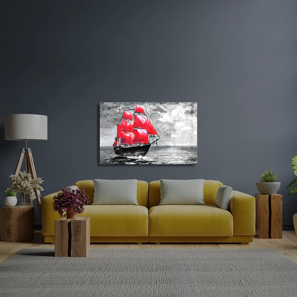 Scarlet Sails Ship Ocean Glass Wall Art