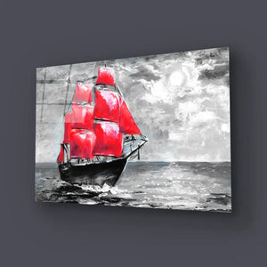 Scarlet Sails Ship Ocean Glass Wall Art