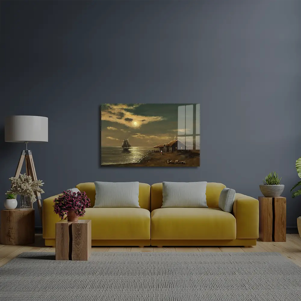 Sea Landscape Illustration Glass Wall Art