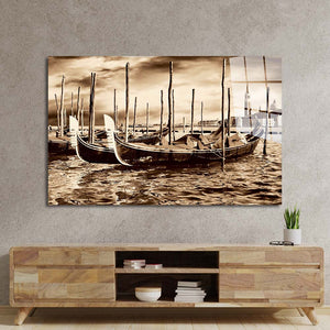 Sepia Venetian Boats Glass Wall Art