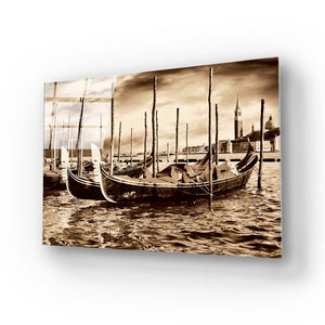 Sepia Venetian Boats Glass Wall Art