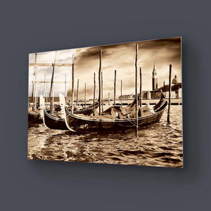 Sepia Venetian Boats Glass Wall Art