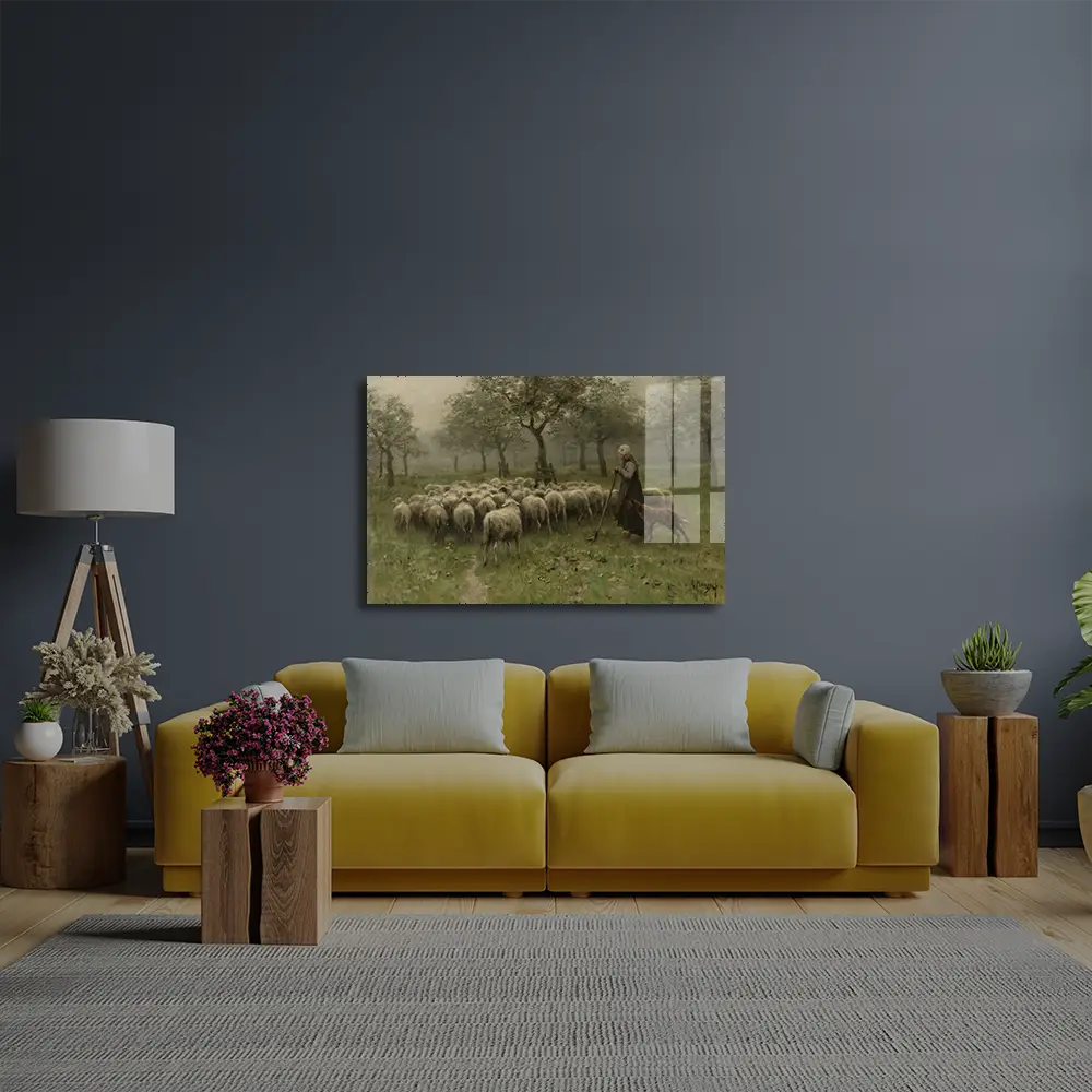 Shepherdess Flock Sheep Glass Wall Art