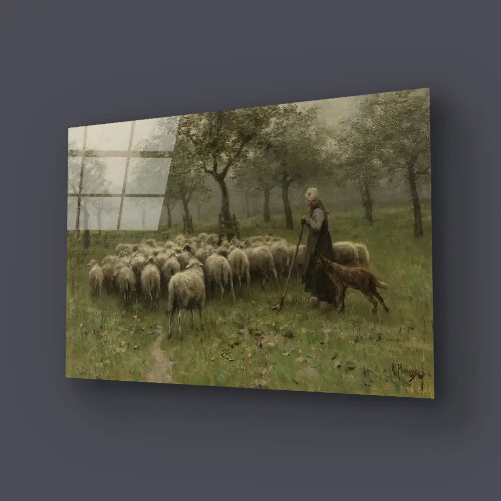 Shepherdess Flock Sheep Glass Wall Art