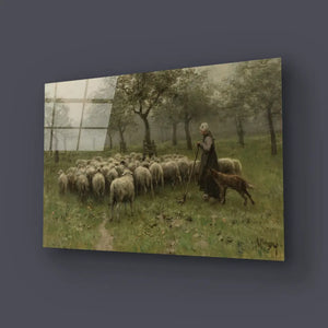 Shepherdess Flock Sheep Glass Wall Art