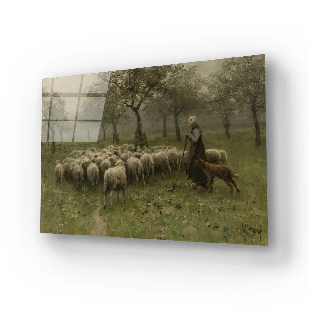 Shepherdess Flock Sheep Glass Wall Art