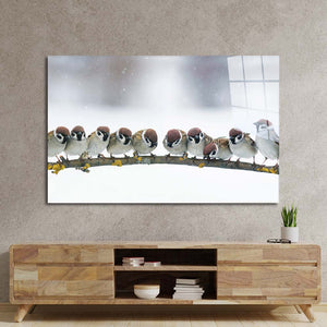 Sparrows Sitting on a Branch Glass Wall Art