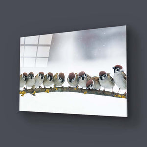 Sparrows Sitting on a Branch Glass Wall Art
