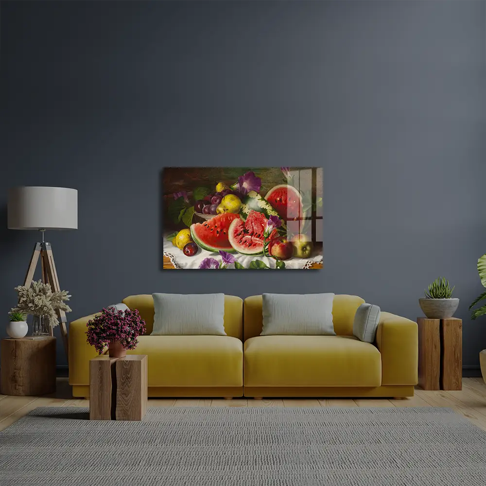 Still Life With Watermelon Glass Wall Art