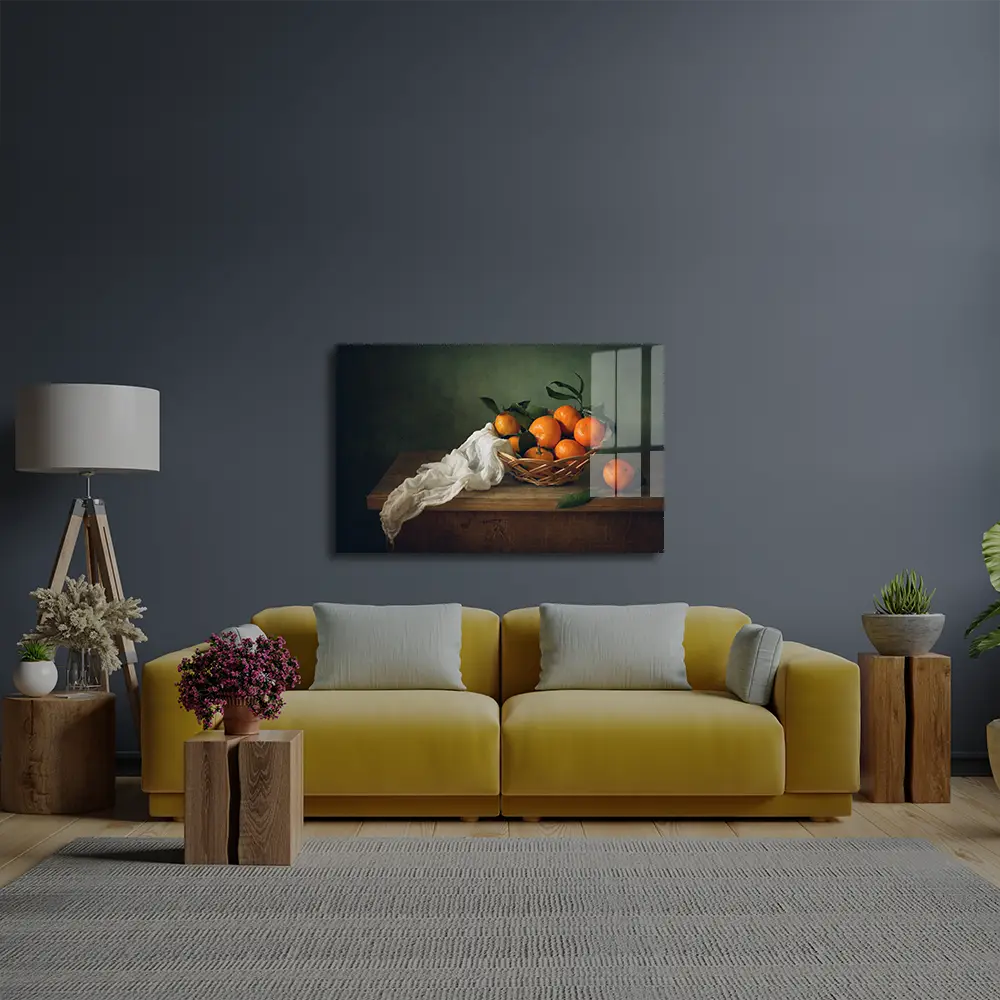 Still Life Mandarins Drapery Glass Wall Art