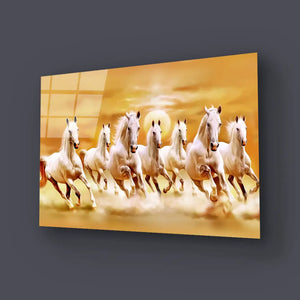 Sunrise White Seven Horse Running Glass Wall Art