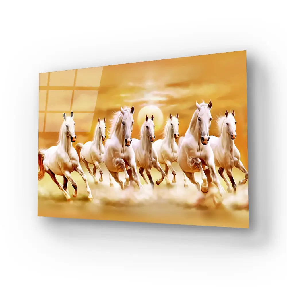 Sunrise White Seven Horse Running Glass Wall Art
